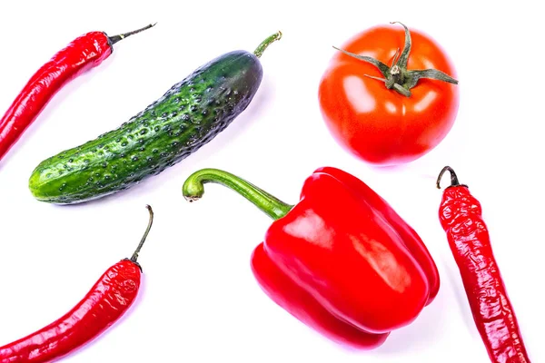Tomato, pepper, cucumber isolated on white background. — Stock Photo, Image
