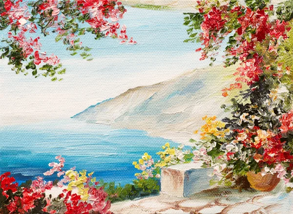 Lukisan minyak - rumah dekat laut, bunga-bunga berwarna-warni, pemandangan laut musim panas Stok Foto Bebas Royalti