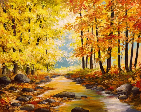 Oil painting, colorful autumn trees, impressionism art