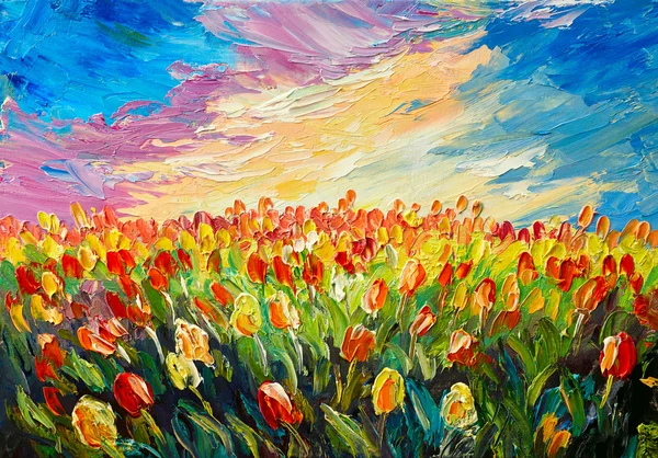 Живопись маслом, тюльпаны на фоне красивого восхода солнца, искусство импрессионизма — стоковое фото