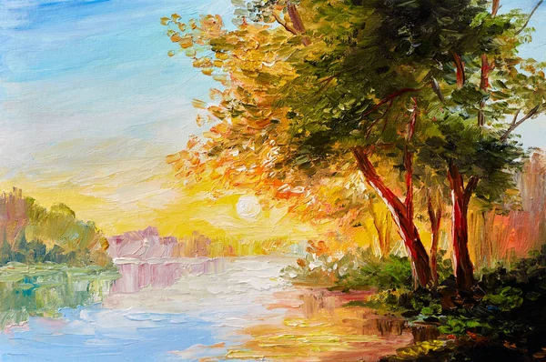 油絵の風景、日没、午後と春の森の川 — ストック写真