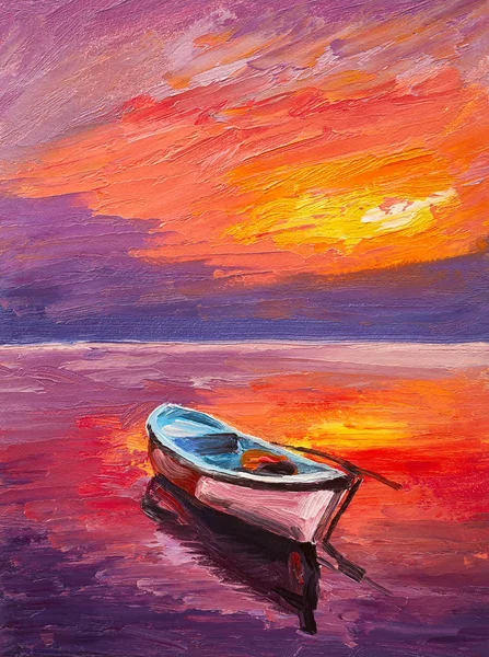 Peinture à l'huile, bateau sur la mer, impressionnisme artistique, coucher de soleil coloré — Photo