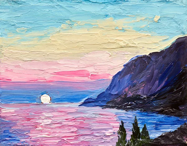 Pittura a olio, tramonto rosa, mare, montagne — Foto Stock