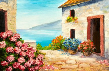 yağlı boya, evin yakınlarında deniz, Karadeniz kıyısında, rengârenk çiçekler, yaz deniz manzarası