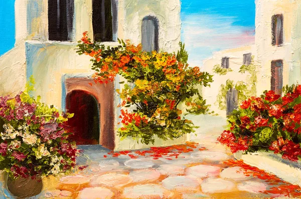 oil painting, house near the sea, sea coast, colorful flowers, summer seascape