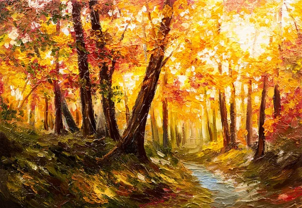 Pemandangan lukisan minyak - hutan musim gugur di dekat sungai, daun oranye Stok Gambar Bebas Royalti