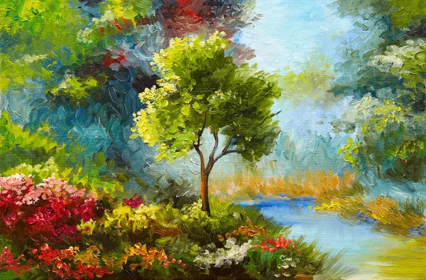 Lukisan minyak, bunga dan pohon di dekat sungai, matahari terbenam Stok Lukisan  