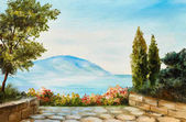 Картина, постер, плакат, фотообои "oil painting, mountains on the sea coast, abstract drawing", артикул 136936454