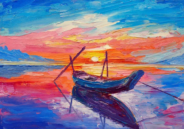 Pintura a óleo, obra de arte sobre tela. Barcos de pesca no mar — Fotografia de Stock