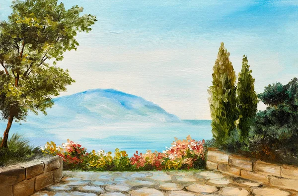 Pittura a olio, montagne sulla costa del mare, disegno astratto — Foto Stock