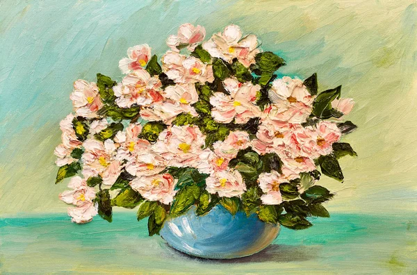 芸術作品のキャンバスの上に花瓶の春の花の油絵 — ストック写真