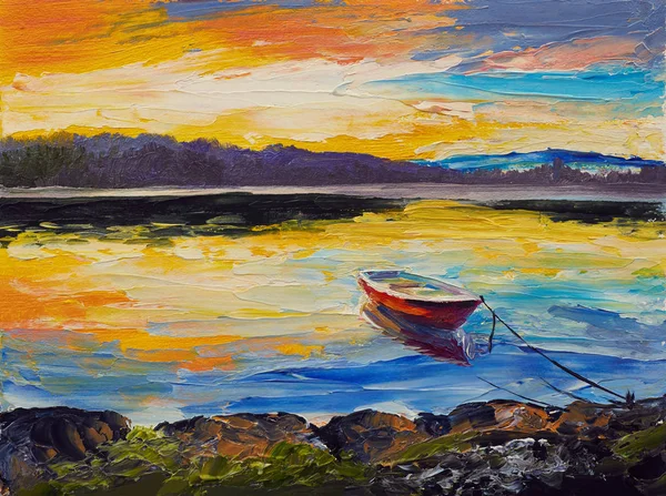 Pittura a olio, opere d'arte su tela. Barche da pesca in mare — Foto Stock