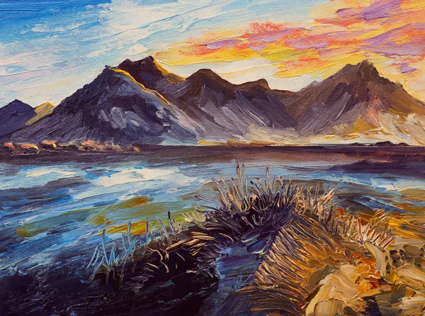 Olieverfschilderij, roze zonsondergang, zee, bergen — Stockfoto