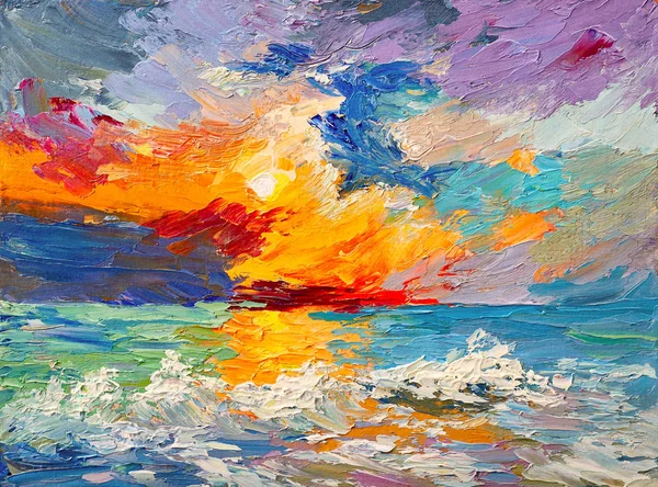 Pintura al óleo del mar, puesta de sol multicolor en el horizonte, acuarela —  Fotos de Stock