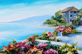 Картина, постер, плакат, фотообои "oil painting, house near the sea, sea coast, colorful flowers, summer seascape", артикул 150743422
