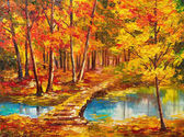 Картина, постер, плакат, фотообои "oil painting landscape - autumn forest near the river, orange leaves", артикул 150744800