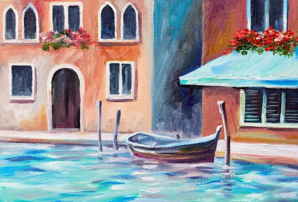 Pintura a óleo, gôndola em Veneza, belo dia de verão na Itália, desenho abstrato — Fotografia de Stock