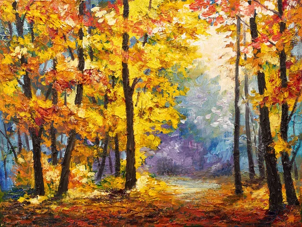 油画风景-秋天的树林，河边，橙叶 — 图库照片
