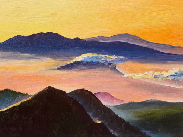 Pintura Óleo Pôr Sol Nas Montanhas Obras Arte Sobre Tela — Fotografia de Stock