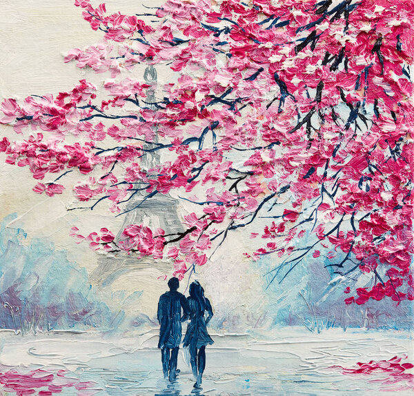 Oil Painting Canvas Couple Lovers Umbrella Paris Eiffel Tower Modern — Stock Photo, Image