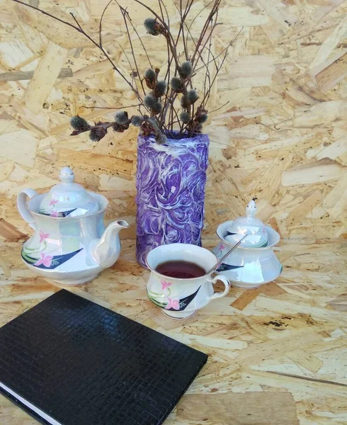 Reggeli Csésze Tea Asztalon — Stock Fotó