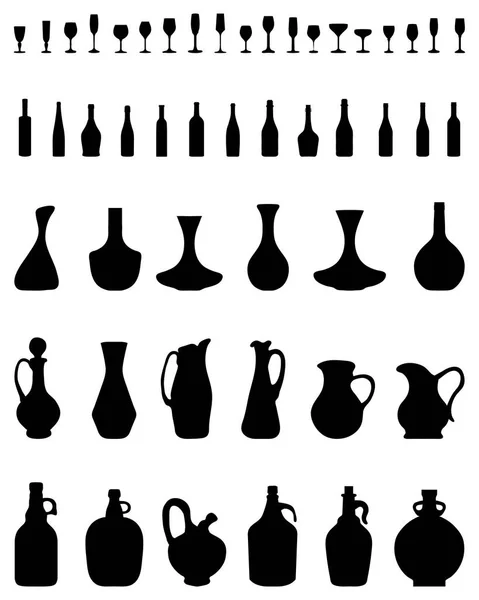 Siluetas Negras Cuencos Botellas Vasos Sobre Fondo Blanco — Archivo Imágenes Vectoriales