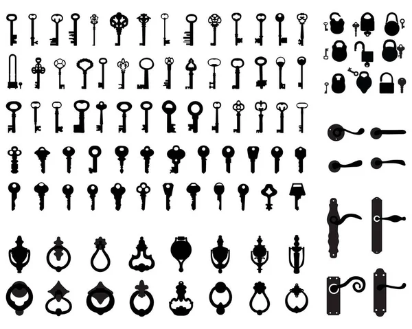 Silhouettes Door Handle Knocker Latch Keys Padlocks — Stock Vector