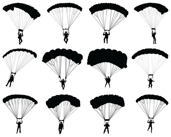 Siluetas Negras Parapentes Sobre Fondo Blanco — Vector de stock