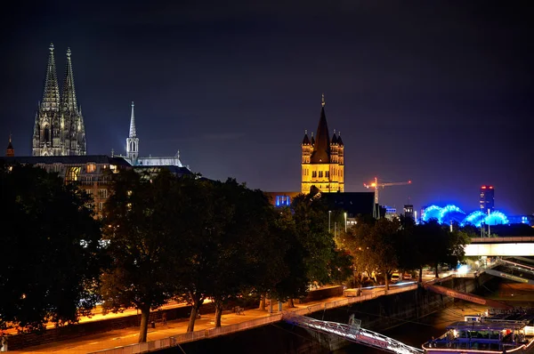 View Cologne Dom Cathedral Great Martin Church Night Chocolate Museum — Stock Photo, Image