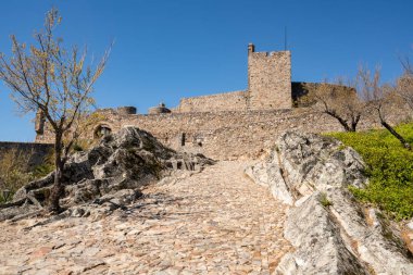 Yazın Portekiz 'de, arkasında güzel yeşil manzarası olan bir dağın tepesindeki Marvao kalesi.