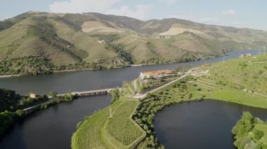 Quinta do Tedo drone view of s shape bend river in Douro wine region, in Portugal