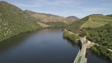 Drone view of a railway bridge in Douro region in Ferradosa, Portugal