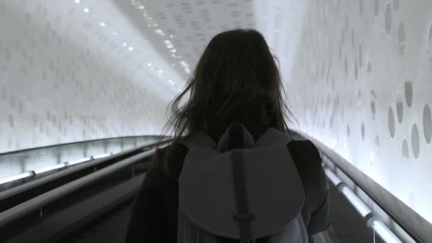 Woman Girl Traveler Tourist Escalator Elbphilharmonie Concert Hall Hamburg — Stock Video