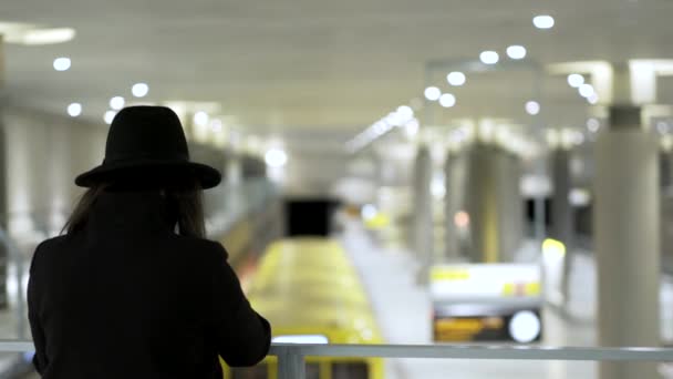 Girl Woman Filming Photographing Subway Arriving Subway Station — Stok video