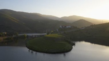 Quinta do Tedo view of s shape bend river in Douro wine region at sunset, in Portugal