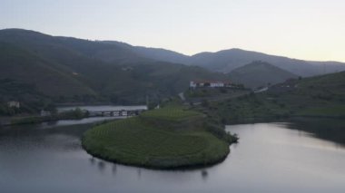 Quinta do Tedo view of s shape bend river in Douro wine region at sunset, in Portugal
