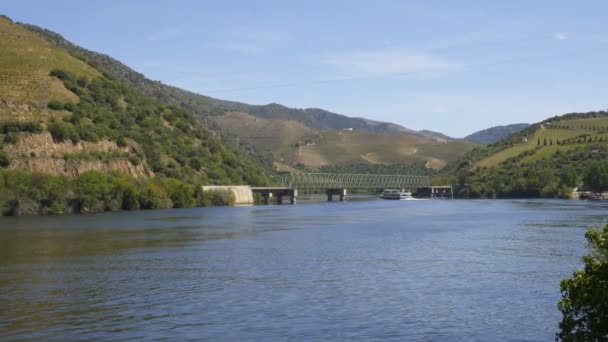 Barcos Que Pasan Por Puente Ferroviario Región Del Duero Ferradosa — Vídeos de Stock