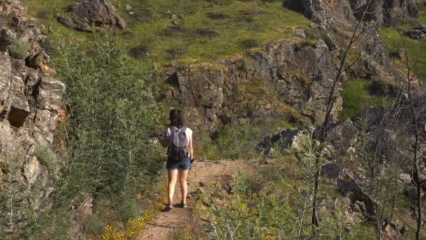 Mujeres Penedo Furado Pasarela Passadico Paisaje Vila Rei Portugal — Vídeo de stock