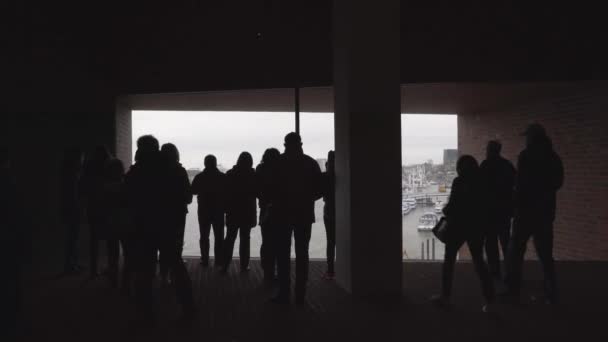Silhueta Visitantes Pessoas Dentro Elbphilharmonie Olhando Para Rio — Vídeo de Stock