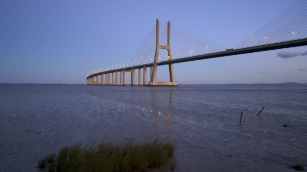 日落时在里约Tejo河附近的Ponte Vasco Gama桥视图 — 图库视频影像