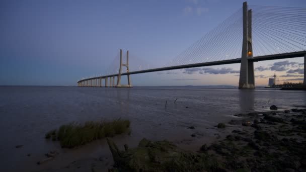 Ponte Vasco Gama Bridge Utsikt Nära Floden Rio Tejo Efter — Stockvideo