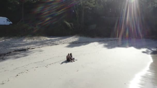 Couple Assis Sur Une Plage Paradisiaque Drone Vue Aérienne Paysage — Video