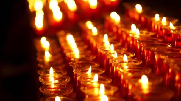 Red Candles Flame Close View Dark Environment Mood Praying Church — Stock Video