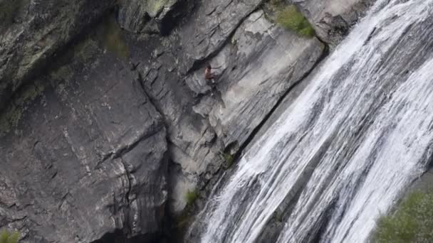 Hombre Bajando Por Una Hermosa Cascada Épica Fisgas Ermelo Mondim — Vídeo de stock