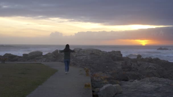 Mujer Observando Hermoso Paisaje Playa Roca Atardecer Relajándose Pacíficamente Con — Vídeo de stock