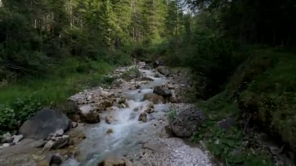 意大利阿尔卑斯山区圣玛格达莱娜圣玛格达莱娜的一条河流上空的无人驾驶飞机录像 背景是弗谢塔峰 — 图库视频影像