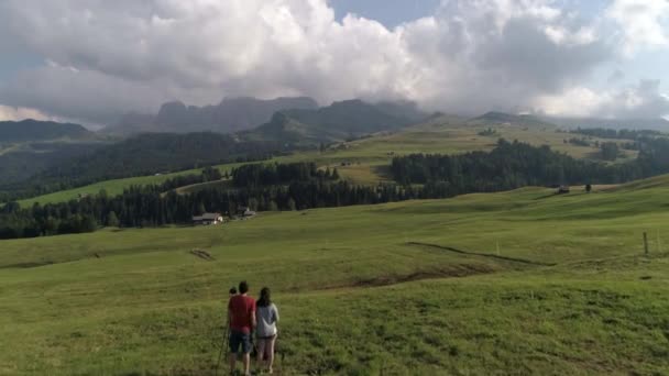 イタリアアルプスのドロマイトのサッソルンゴ山脈の空中ドローンビデオ — ストック動画