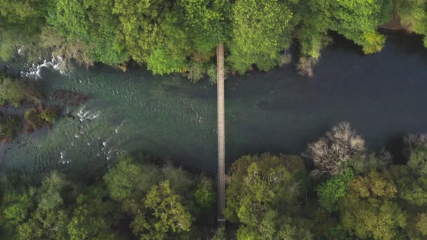 Dron Horní Letecké Panoramatický Výhled Nad Lidmi Procházející Mostě Přírodě — Stock video
