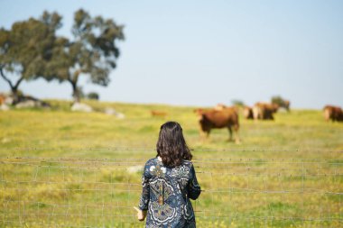 Portekiz, Alentejo 'da çiçek tarlasında inek yiyen bir kadın.