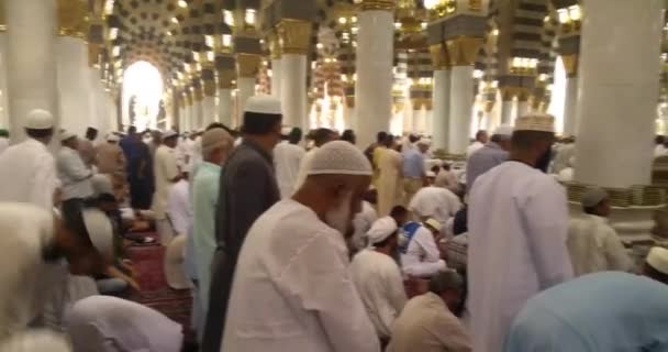Muslims praying inside haram Masjid (mosque) Nabawi in Al Madinah, Saudi Arabia — Stock video